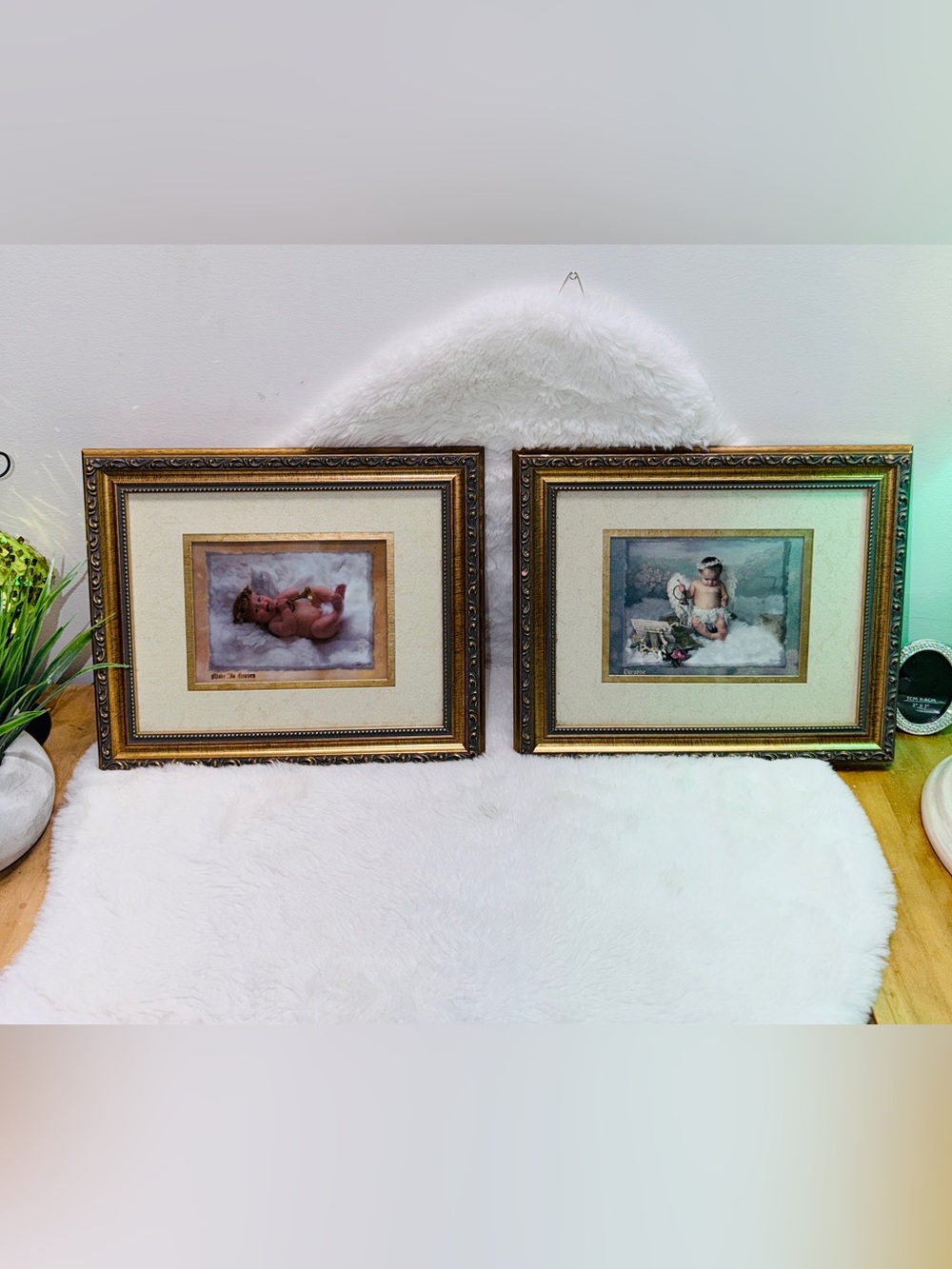 Set of 2 Vintage Gold Framed Cherub Prints Cream & Gold Nursery Girlhoodcore 💝